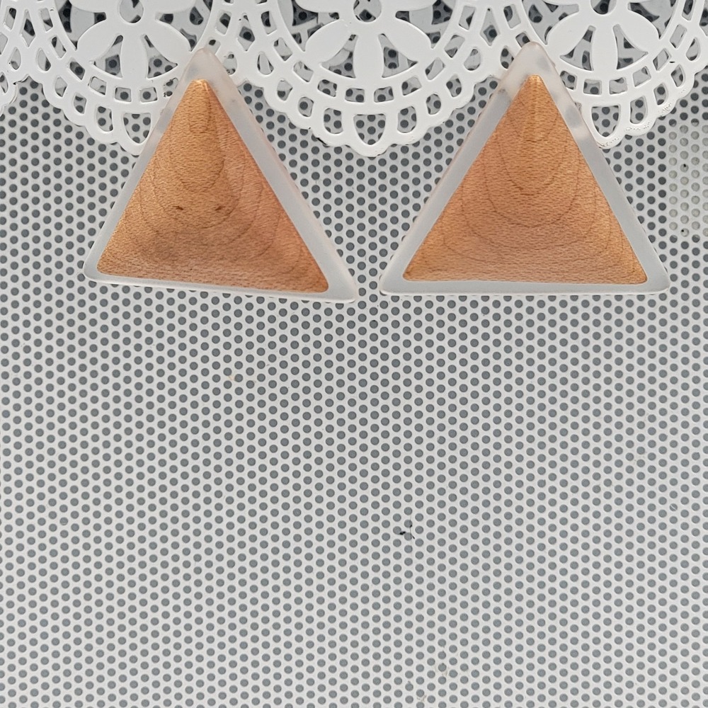 Vintage 80s 90s Wood 3D Triangle Geometric Boho Natural Minimalist Earrings